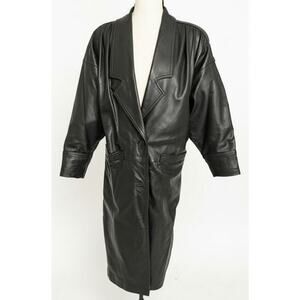 Vintage 90s Genuine Leather Long Coat‎ Black Minimalist Notched Lapel PM